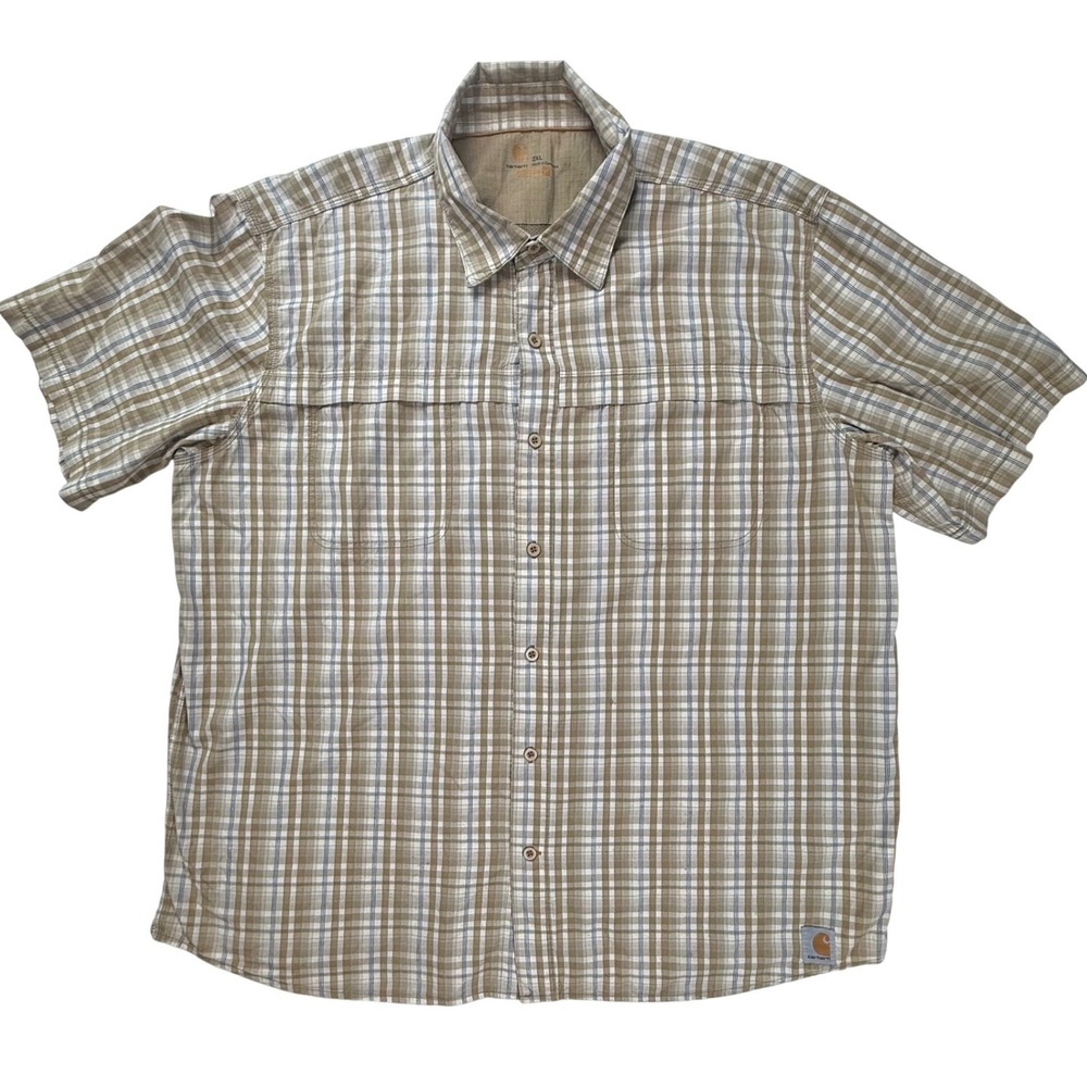 Carhartt Force Mens 2XL Relaxed Fit Plaid Short Sleeve ButtonDown Shirt Tan Blue